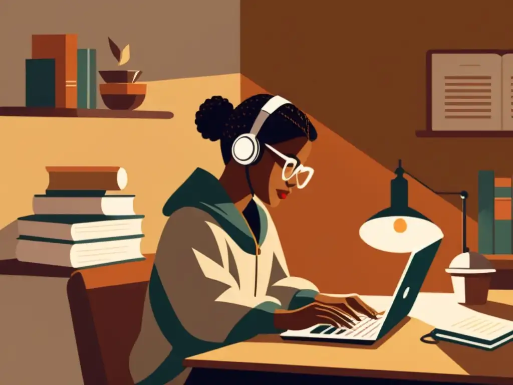 Coding vintage: Concentración y creatividad en un ambiente acogedor Persona codificando en una habitación acogedora y tenue, rodeada de libros y papeles, con una taza de café