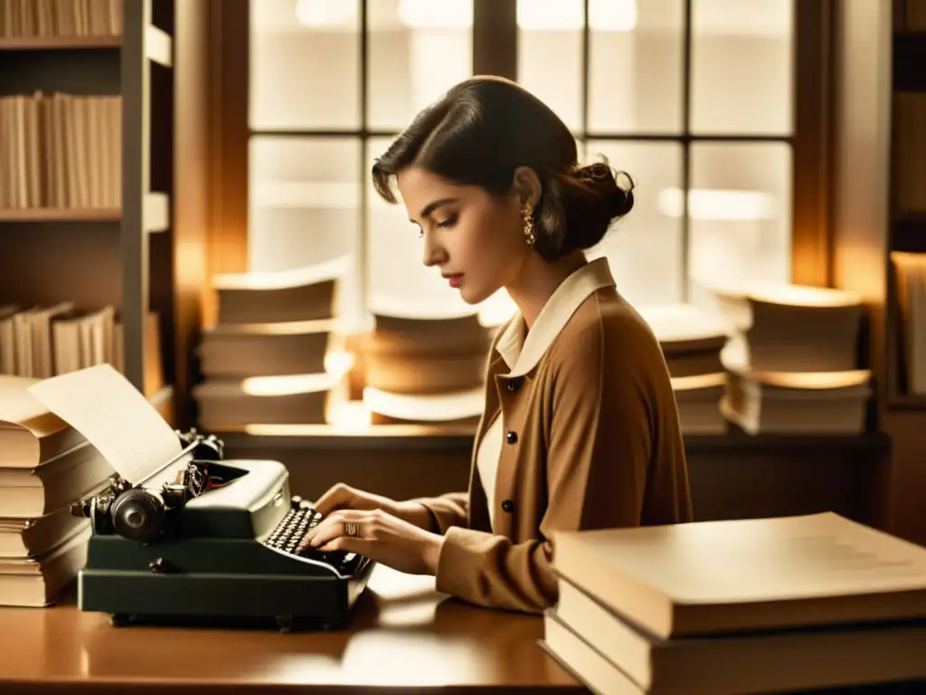 Una persona escribiendo en una máquina de escribir rodeada de libros y papeles, evocando la importancia de las historias personales en el marketing de contenidos