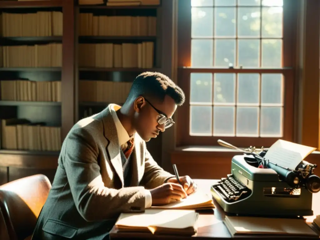 Persona escribiendo en máquina de escribir rodeada de libros y papeles antiguos, creando una atmósfera nostálgica y académica