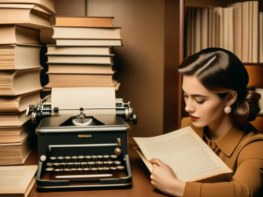 Persona escribiendo en una máquina de escribir rodeada de papeles y libros antiguos