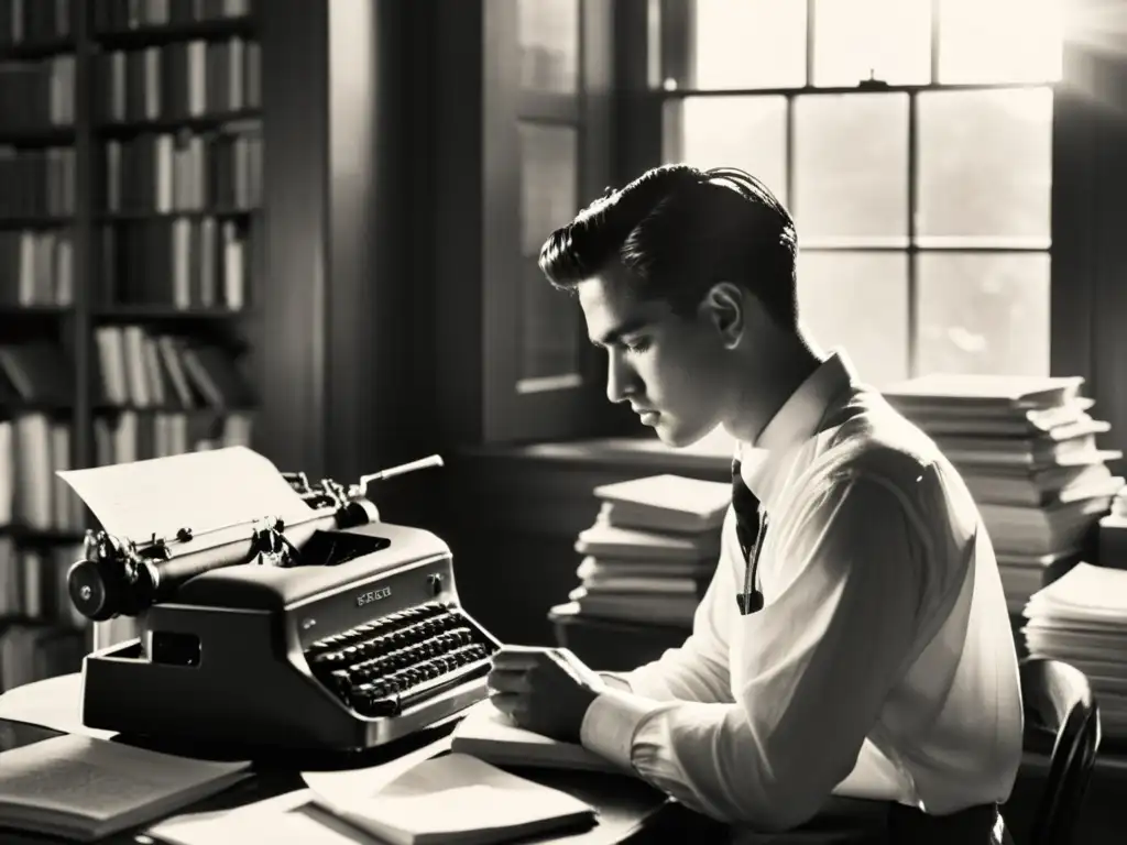 Persona escribiendo en una máquina de escribir rodeada de papeles y libros, con expresión contemplativa