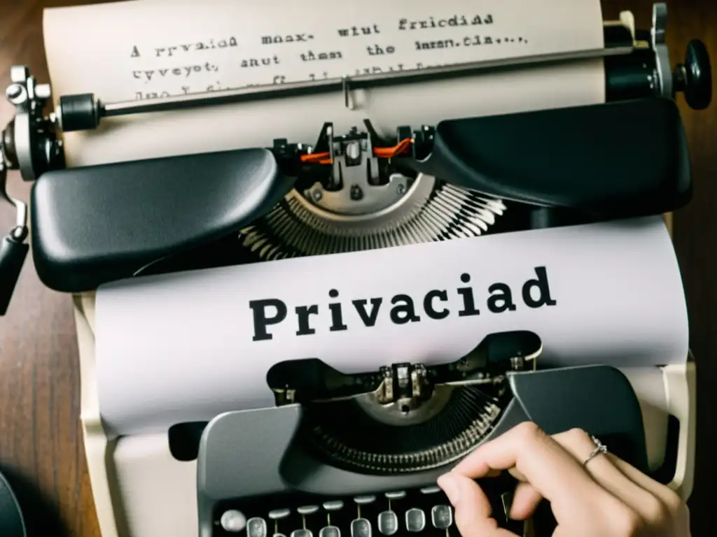 Persona escribiendo en máquina de escribir vintage con 'PRIVACIDAD' y 'IA' en el papel