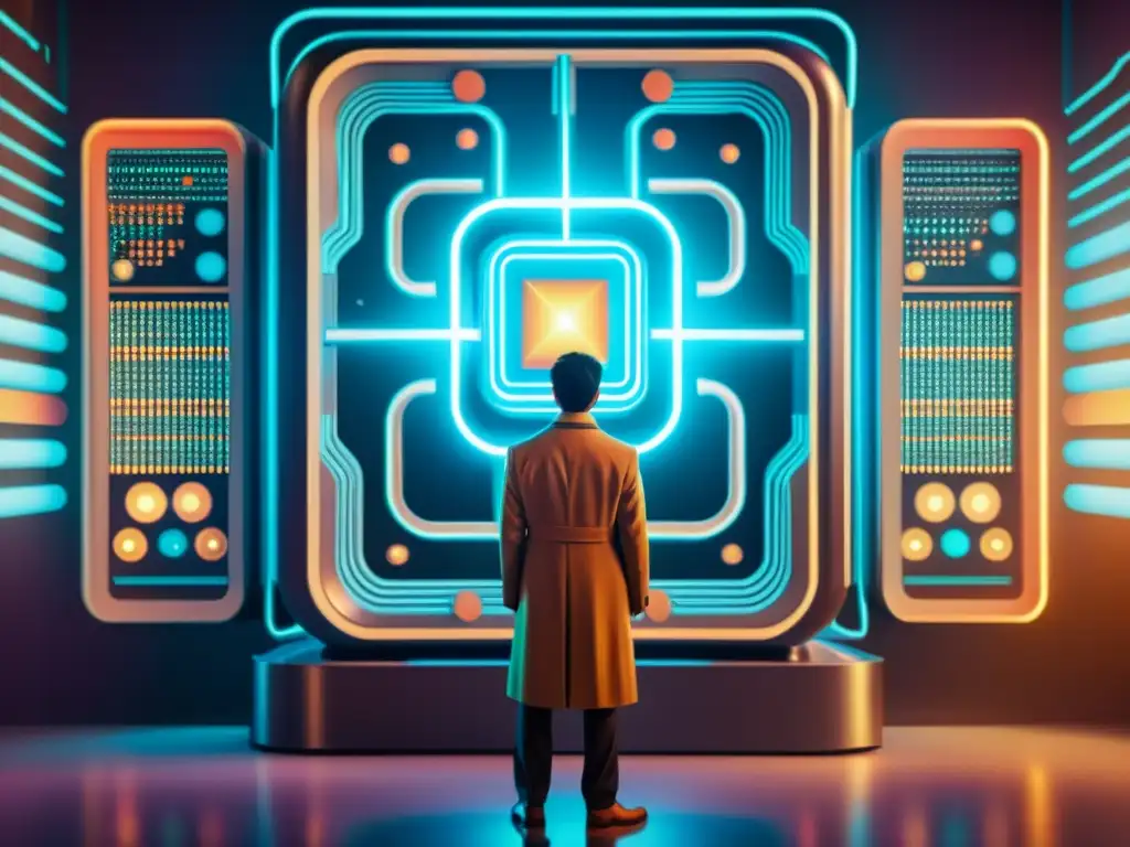 Maravilla retrofuturista: persona admira quantum computer Una persona maravillada contempla un complejo computador cuántico, rodeado de símbolos luminosos