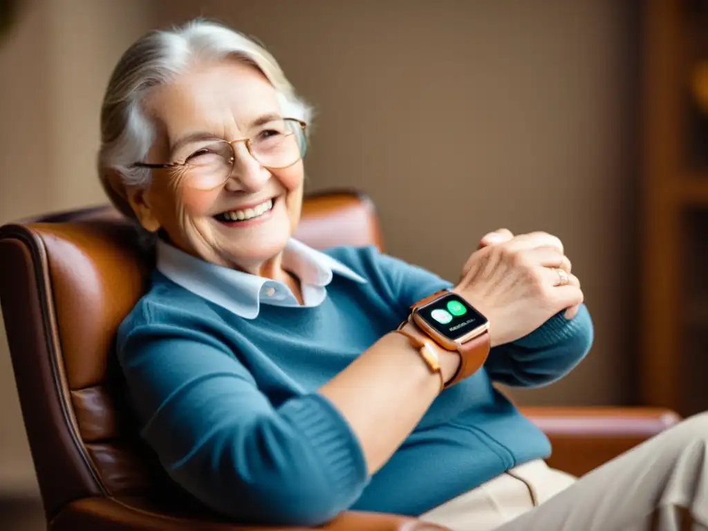 Una persona mayor sonriente en un sillón acogedor, usando un smartwatch vintage con interfaz amigable para la tercera edad