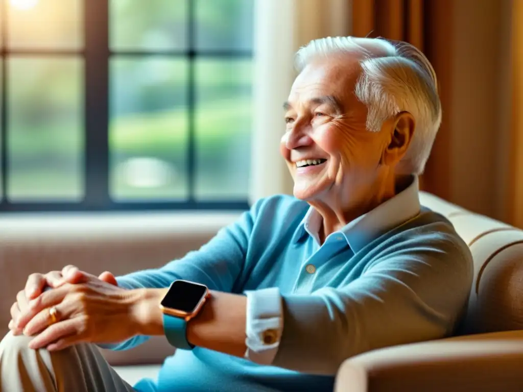 Persona mayor sonriente usando tecnología wearables tercera edad en acogedora sala con decoración nostálgica y modernos dispositivos para mayores