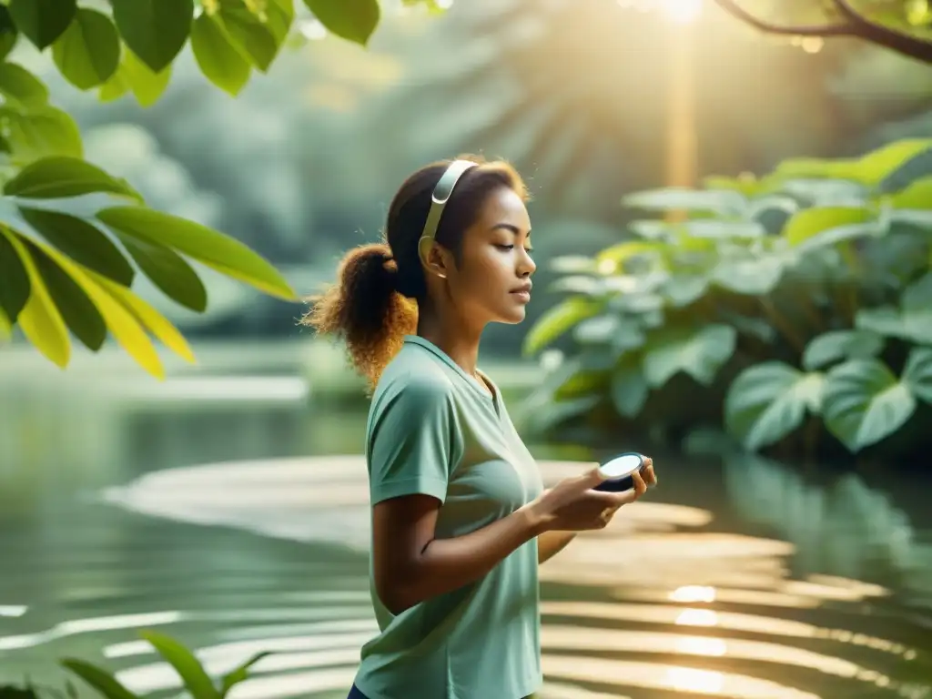 Persona practicando mindfulness con un wearable en entorno natural