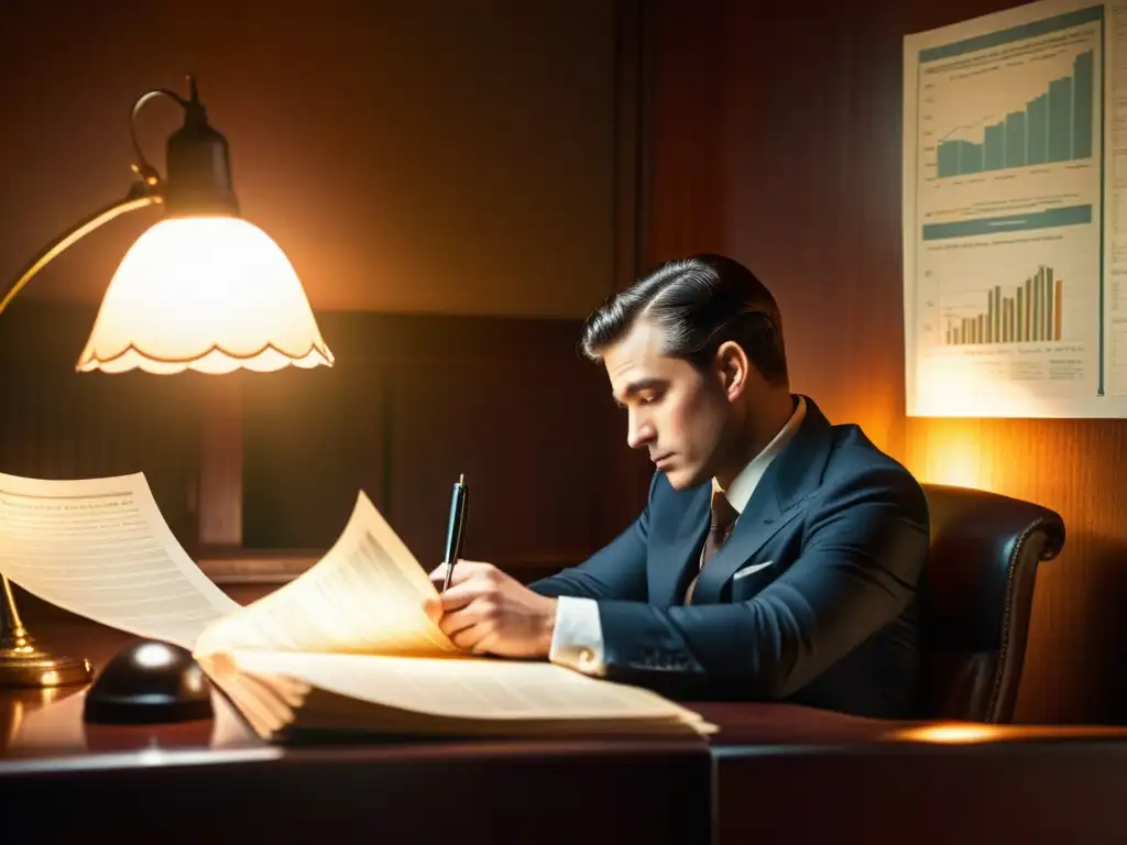Análisis financiero en la era vintage: hombre en traje reflexivo Persona reflexiva en traje vintage, analizando gráficos financieros bajo luz cálida