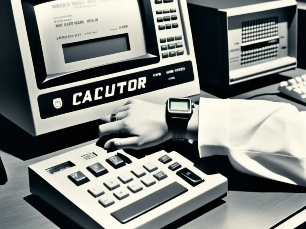 Persona usando reloj calculadora en los 80s, rodeada de tecnología antigua