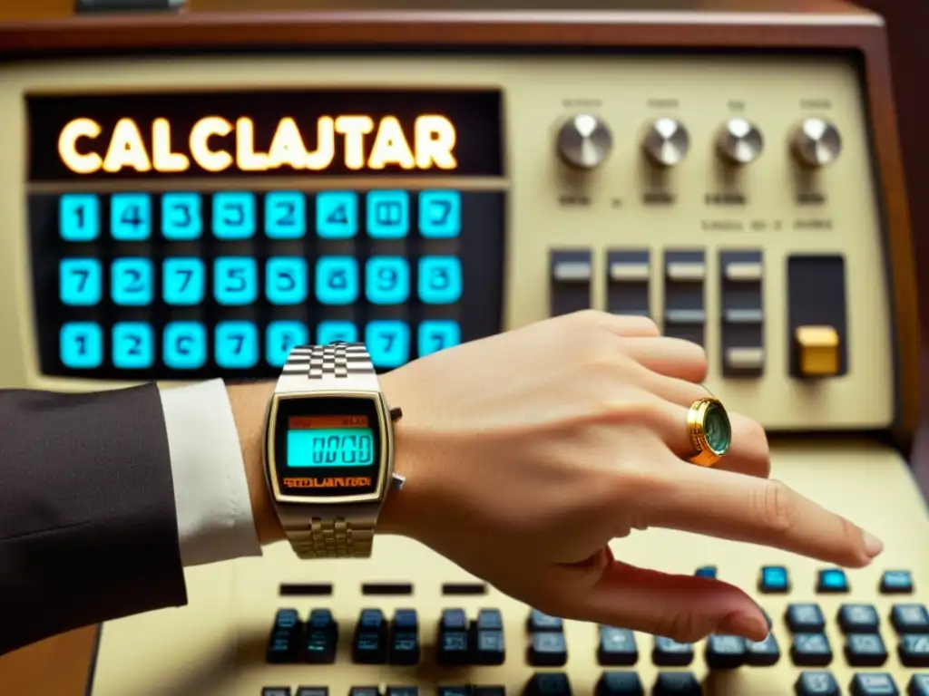 Persona de los 70 con reloj calculadora en una oficina retro, evocando la historia y evolución de la computación y los wearables