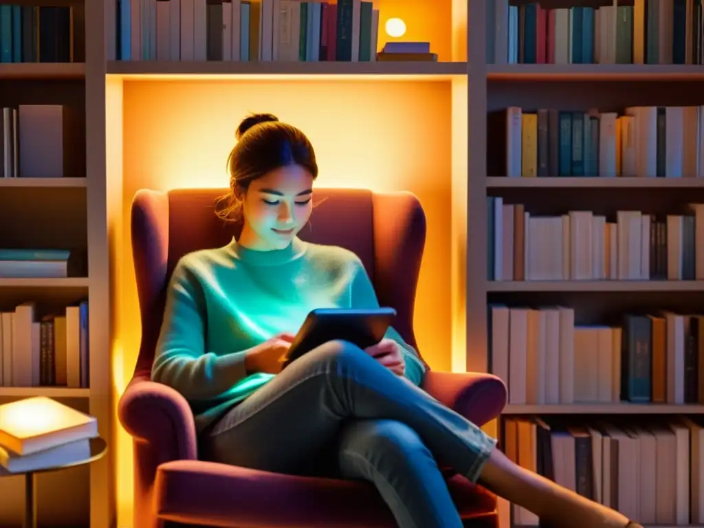 Persona leyendo en sillón rodeada de libros, con luz suave