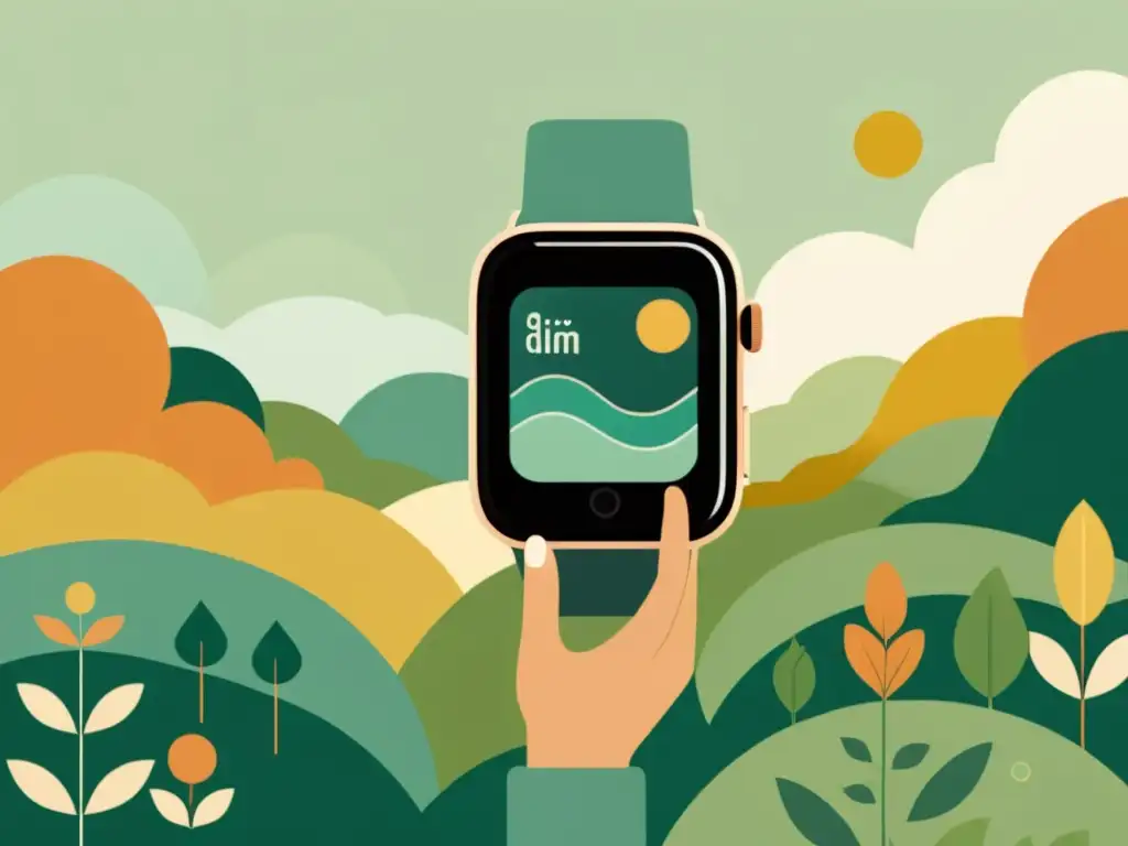 Una ilustración vintage de una persona con un smartwatch, rodeada de naturaleza, evocando tranquilidad y conexión con la salud mental