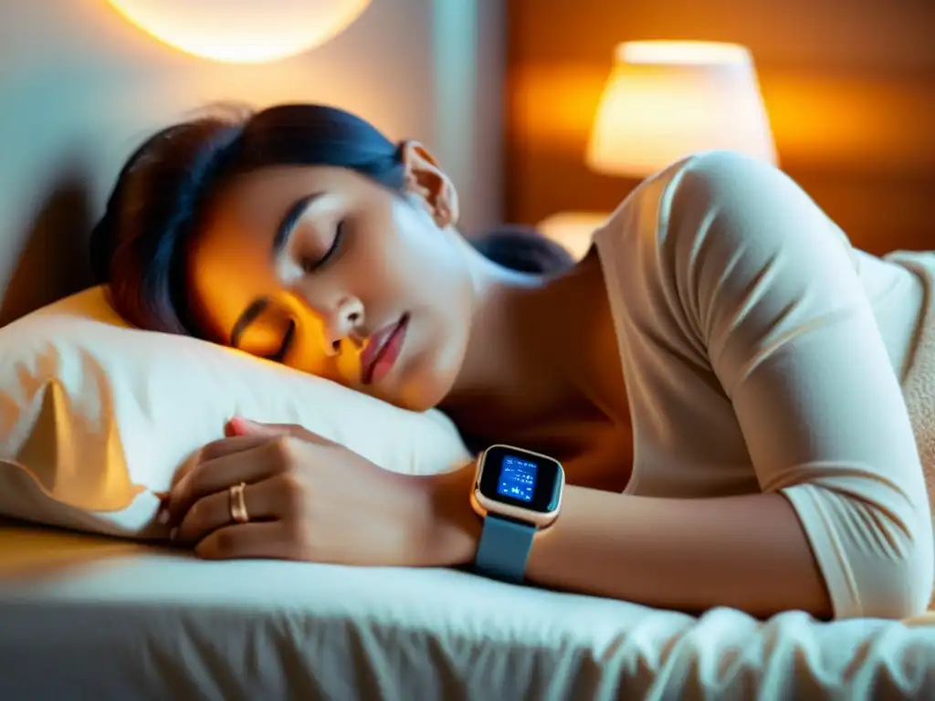 Persona durmiendo con tecnología vestible que mejora la calidad del sueño en un ambiente acogedor y tranquilo