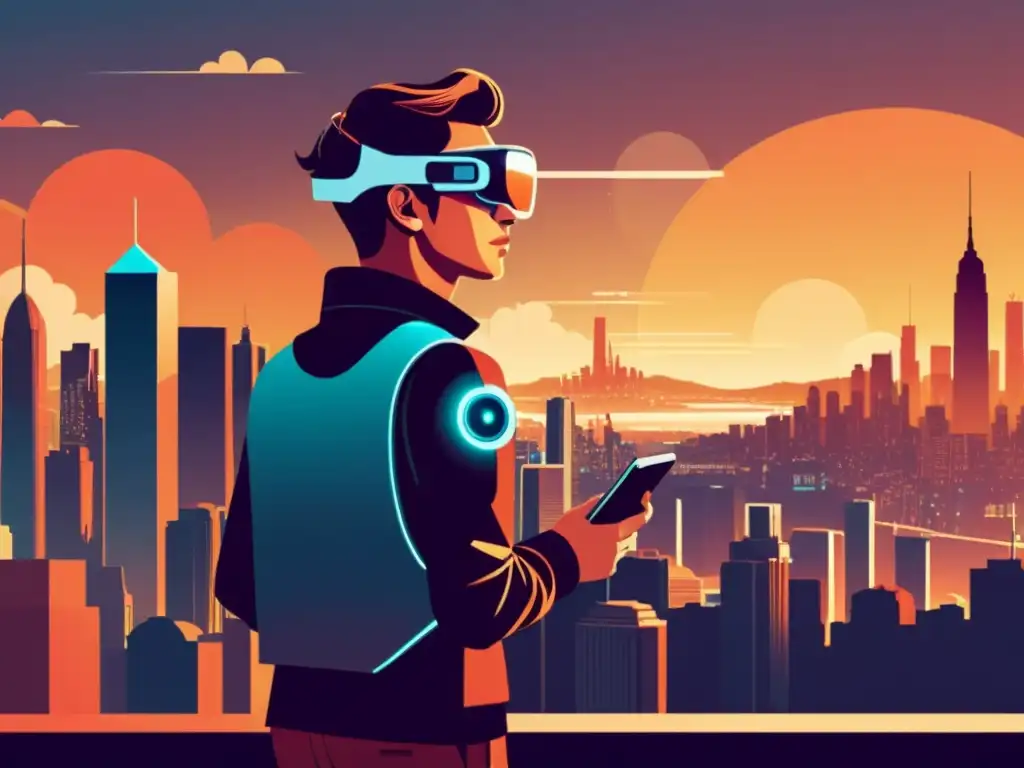 Persona con tecnología wearable futurista, mirando la ciudad al atardecer