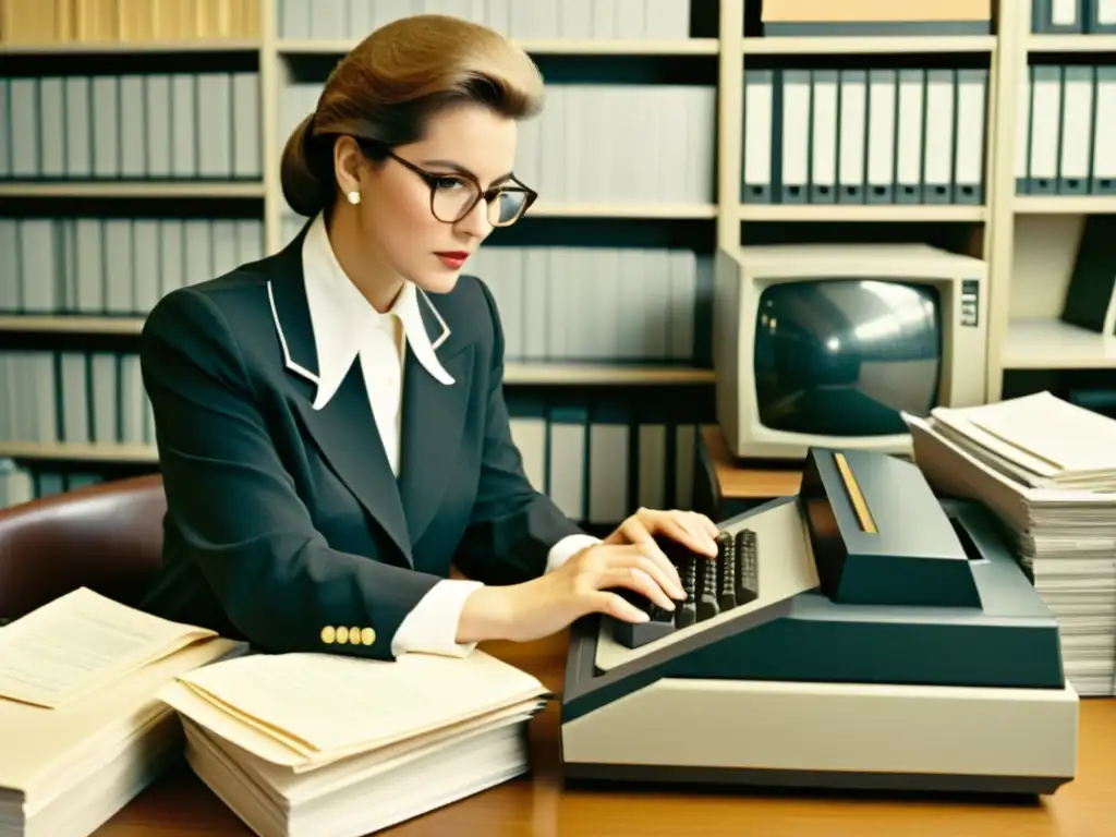 Persona en traje de los 80 usando una primitiva laptop