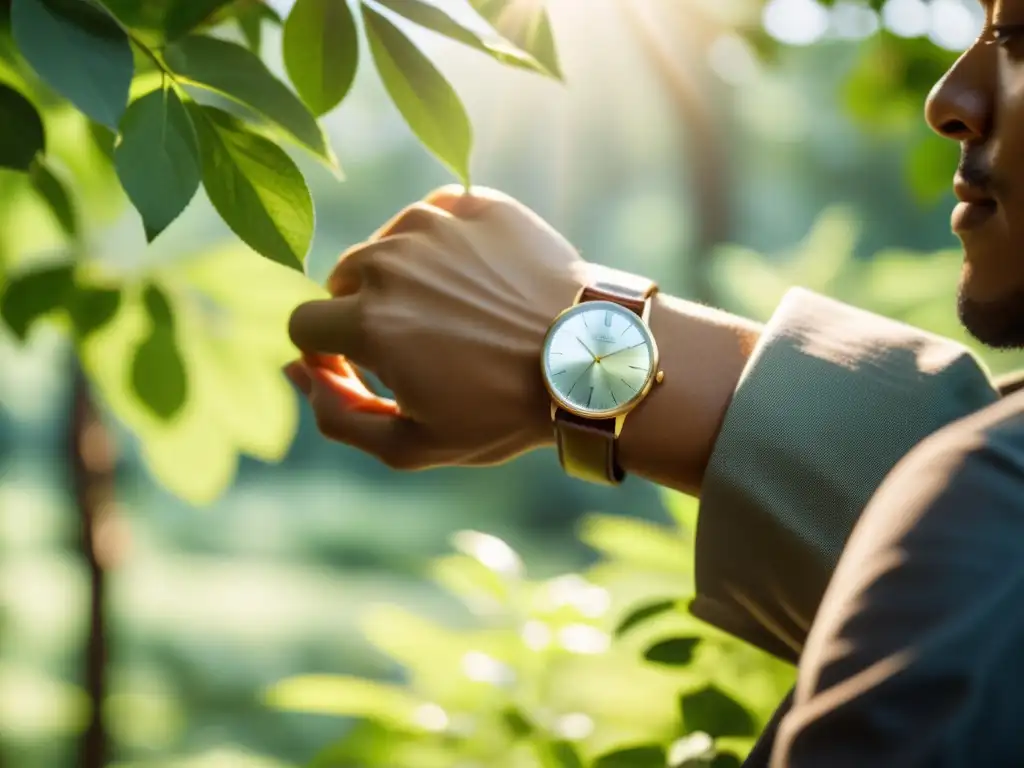 Persona tranquila usando un reloj clásico, con luz natural entre árboles