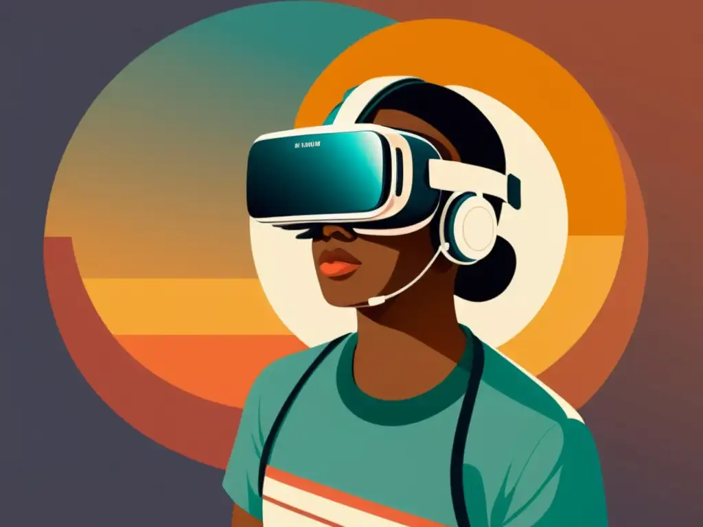 Una ilustración vintage de una persona usando un visor de realidad virtual en una sesión de terapia de rehabilitación