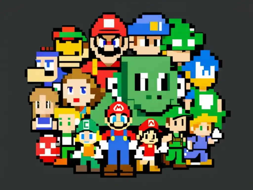 Evolución de personajes héroes en la cultura gamer: Collage vintage de icónicos personajes de videojuegos en pixel art y 3D