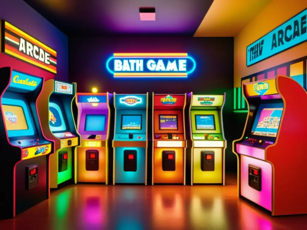 Personas usando aplicaciones de realidad aumentada en videojuegos en una sala de arcade vintage, con colores vibrantes y gráficos pixelados