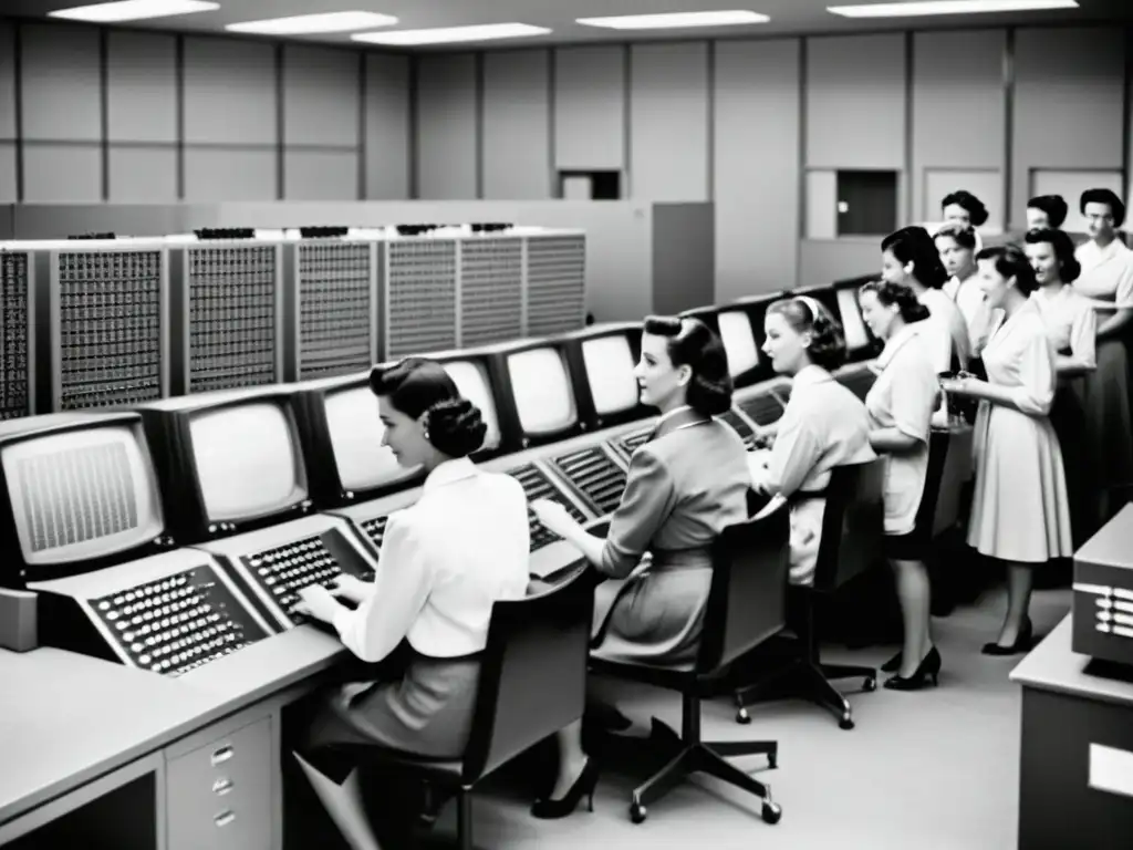 Pioneras olvidadas de la computación: Mujeres trabajando en un laboratorio de computación en los años 50, concentradas y determinadas