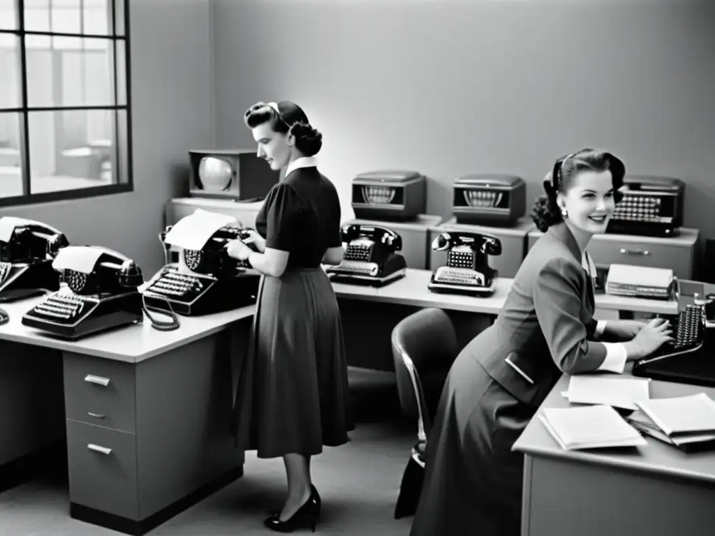 Pioneras olvidadas de la computación: Grupo de mujeres trabajando en computadoras antiguas en una oficina vintage, reflejando determinación y espíritu pionero de la época de los años 50