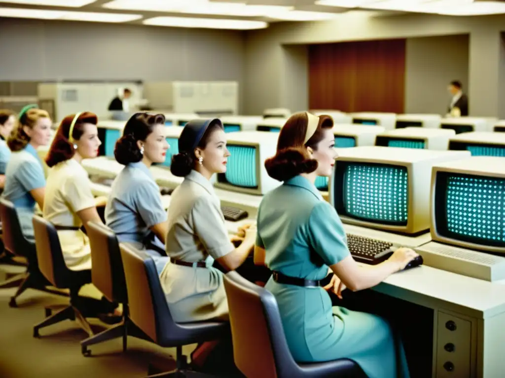 Pioneras tecnológicas en la historia de la computación: grupo de mujeres operando mainframes en una sala llena de maquinaria y pantallas