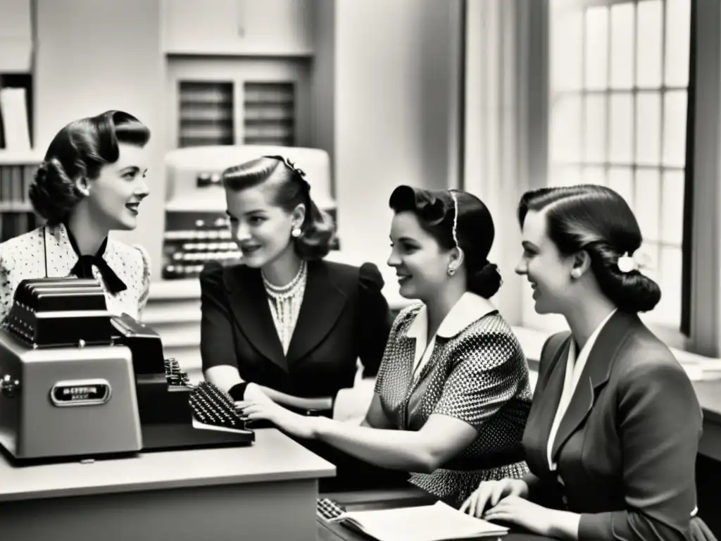 Pioneras tecnológicas en la historia de la computación: grupo de mujeres en atuendos vintage trabajando en equipo alrededor de una computadora antigua, rodeadas de tecnología obsoleta