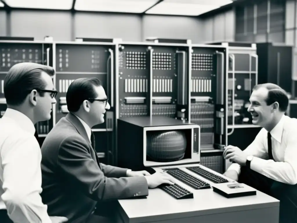 Pioneros de la computación en los años 60, reunidos alrededor de un mainframe, exudando innovación