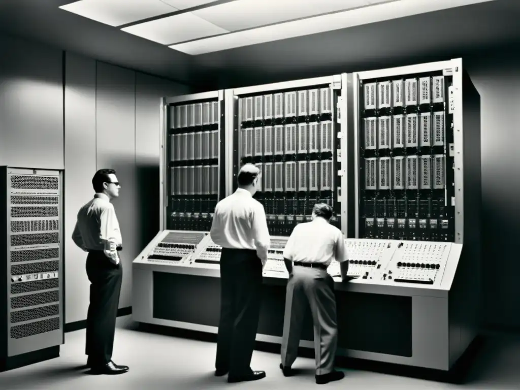 Pioneros de la computación trabajando en un mainframe histórico, evocando la historia y evolución de la tecnología informática