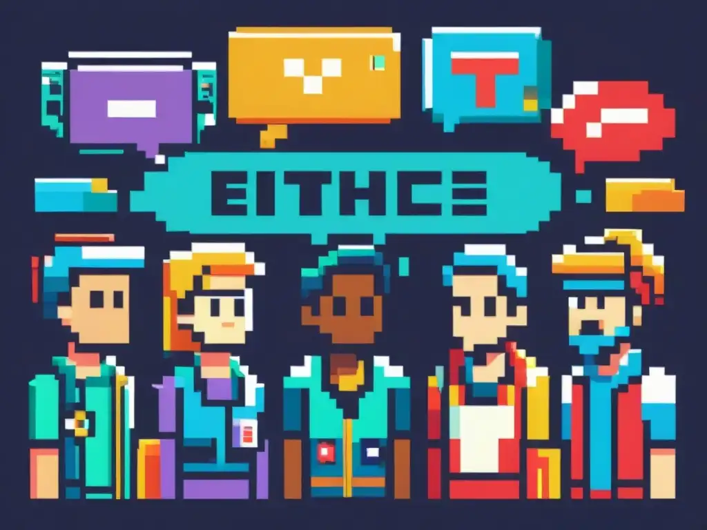 Pixel art de videojuego con personajes debatiendo sobre dilemas éticos