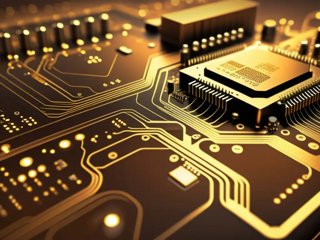 Una ilustración vintage de una placa de circuito con visualización de datos en tecnología, con tonos cálidos y detallada