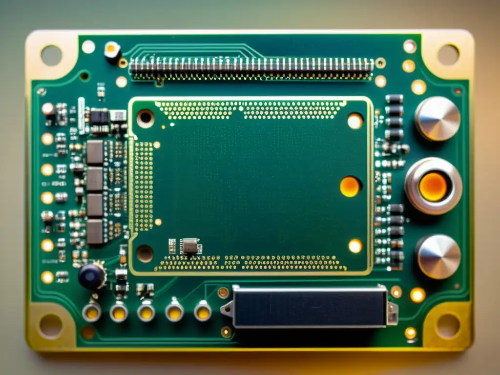 Una placa de microcontrolador antigua, con delicados componentes soldados a mano, sobre un fondo sepia