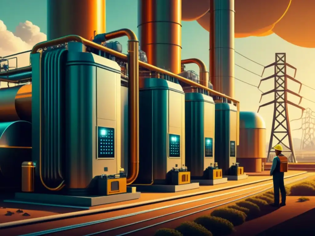 Una ilustración vintage de una planta de energía futurista con nodos blockchain integrando fuentes de energía renovable en la red