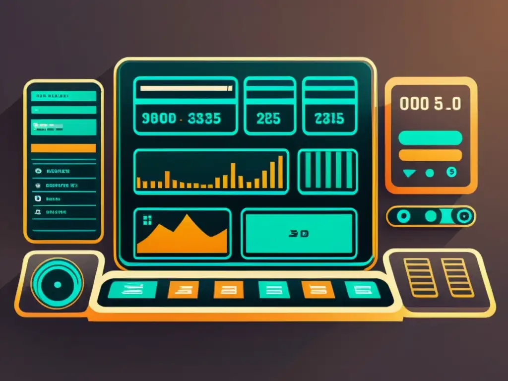 Una plataforma de trading futurista y modular, con detalles vintage y tecnología financiera avanzada