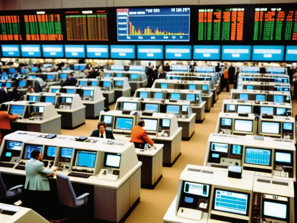 Plataformas especializadas en derivados financieros: Imagen vintage de un trading floor bullicioso en los años 80, con traders coloridos y terminales de computadora antiguos, evocando la emoción del trading en esa era