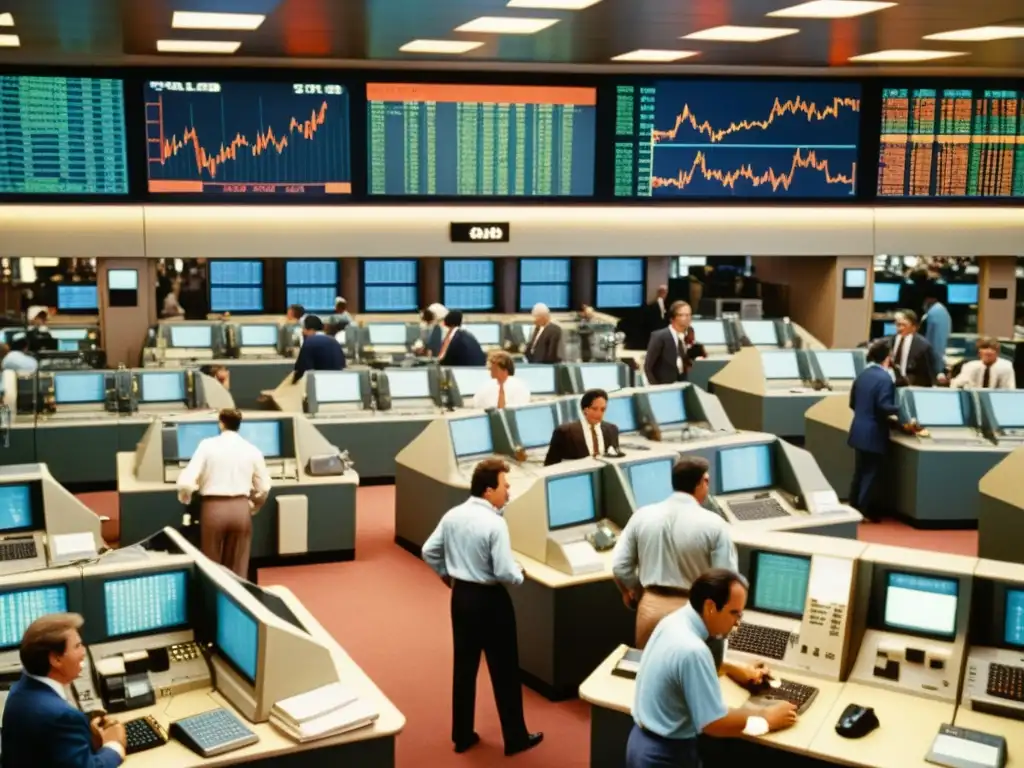 Plataformas modulares para personalización trading: imagen vintage de una bulliciosa sala de trading en los años 80, llena de actividad y energía