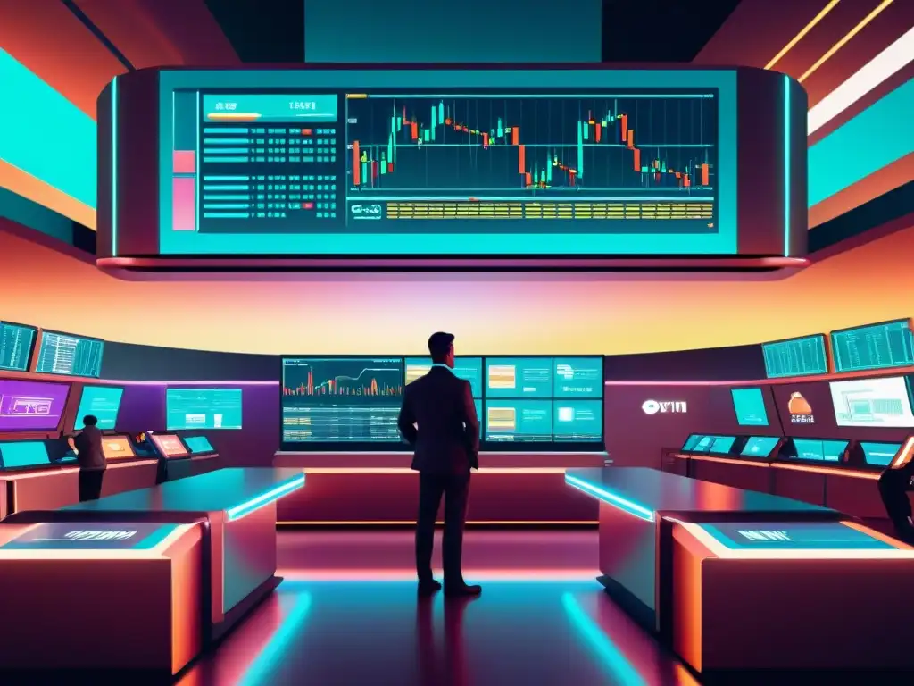 Dos plataformas de trading online futuristas se contrastan en un mercado financiero bullicioso