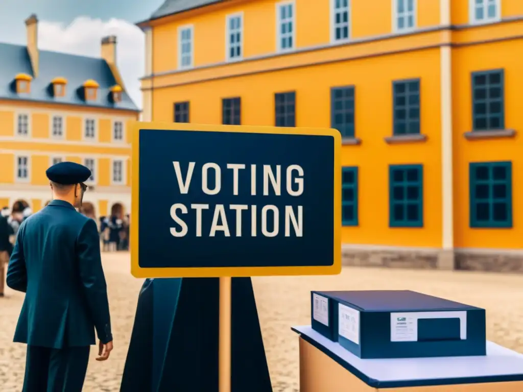 Votación blockchain en plaza histórica En una plaza histórica, personas votan en una estación de voto electrónico con blockchain, fusionando tradición y tecnología