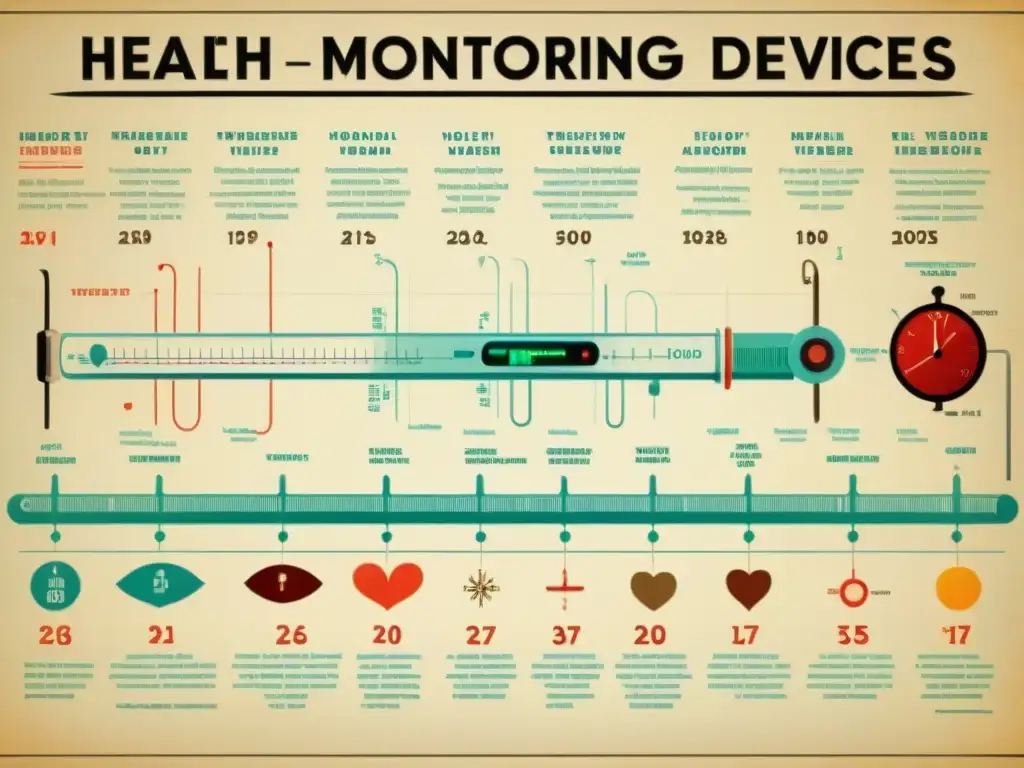 Un póster vintage detalla la evolución de dispositivos de monitoreo de salud, desde herramientas históricas hasta tecnología moderna