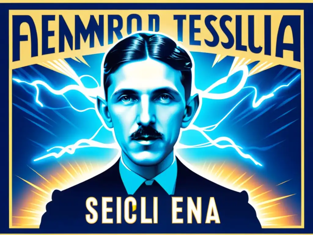 Poster vintage con imagen carismática de Nikola Tesla rodeado de corrientes eléctricas, exudando encanto enigmático y aura de maravilla tecnológica