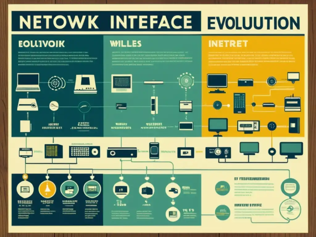 Un póster vintage muestra la evolución de interfaces de red desde cables Ethernet hasta dispositivos IoT modernos