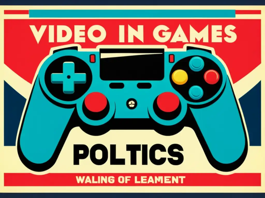 Un póster vintage de propaganda política con un control de videojuegos como símbolo de influencia y poder, rodeado de líderes políticos y personajes de videojuegos icónicos, representando el impacto del soft power de los videojuegos en la diplomacia