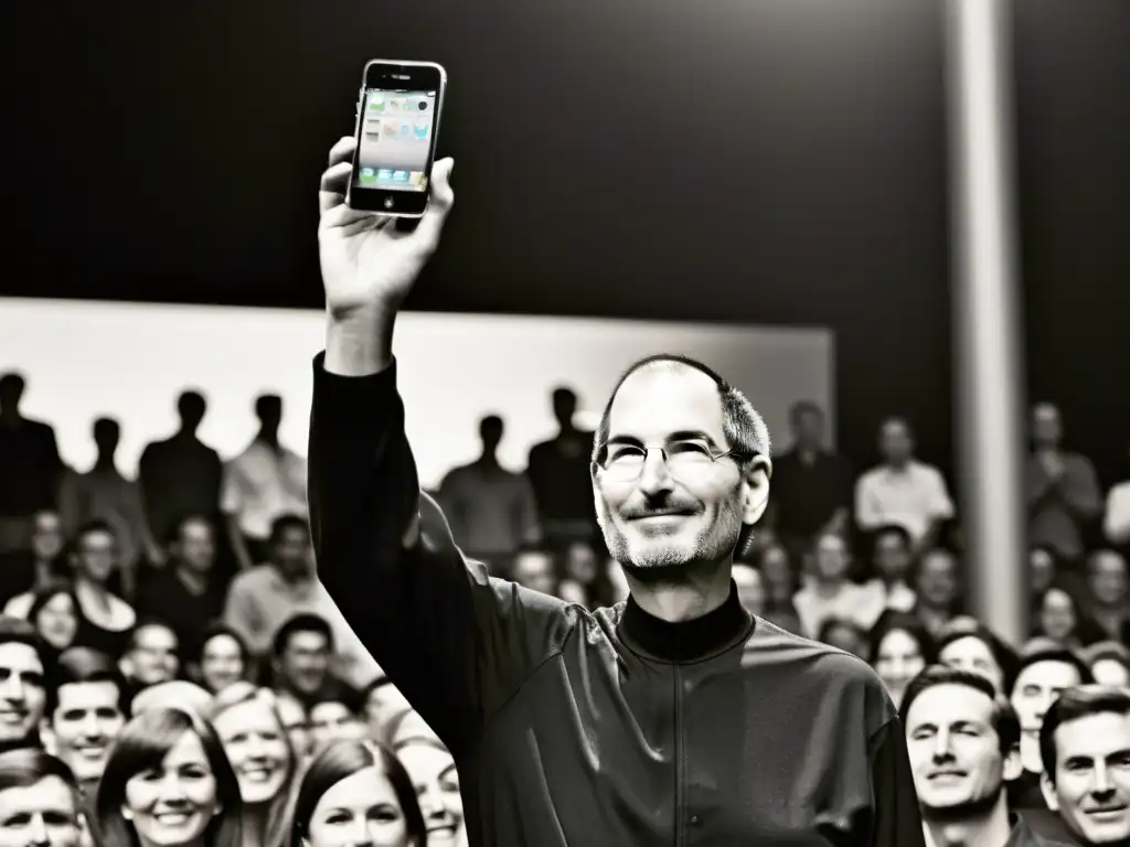 Steve Jobs presentando el primer iPhone, rodeado de una multitud emocionada