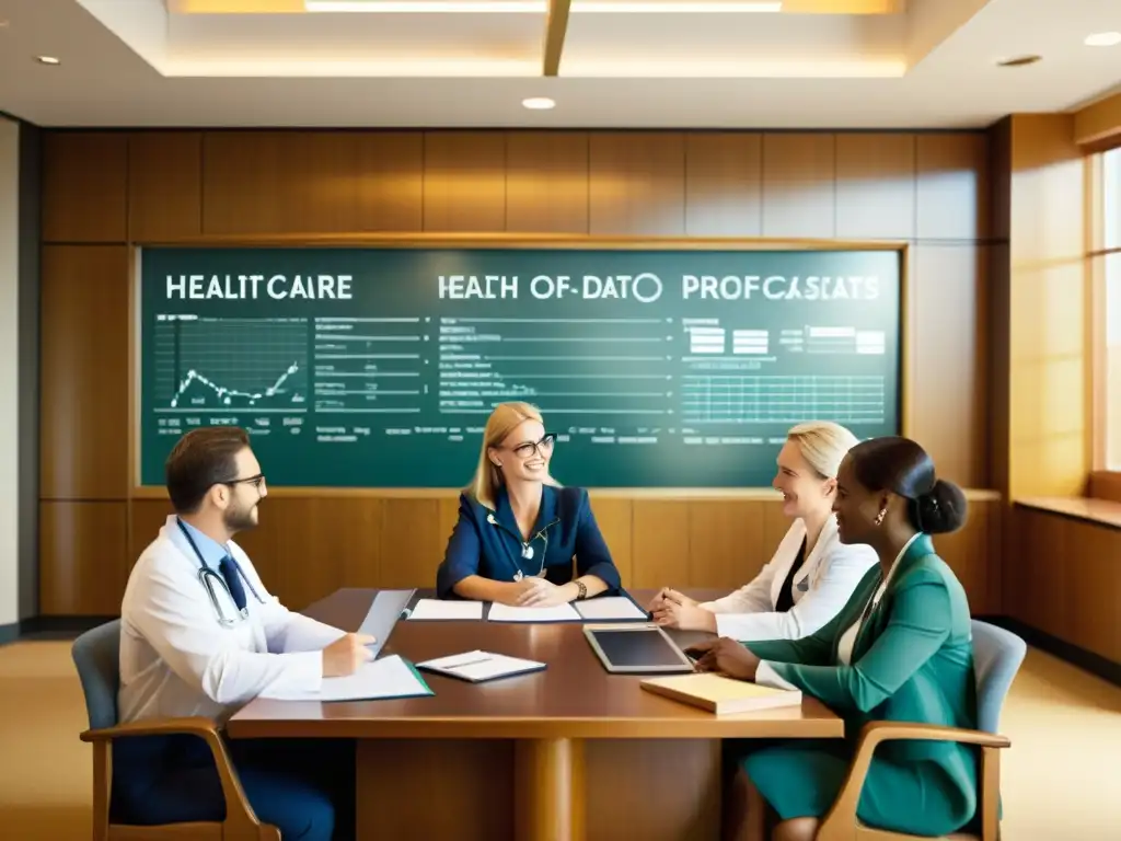 Profesionales de la salud colaboran en una sala vintage, llena de luz y camaradería, con plataformas de intercambio de datos de salud