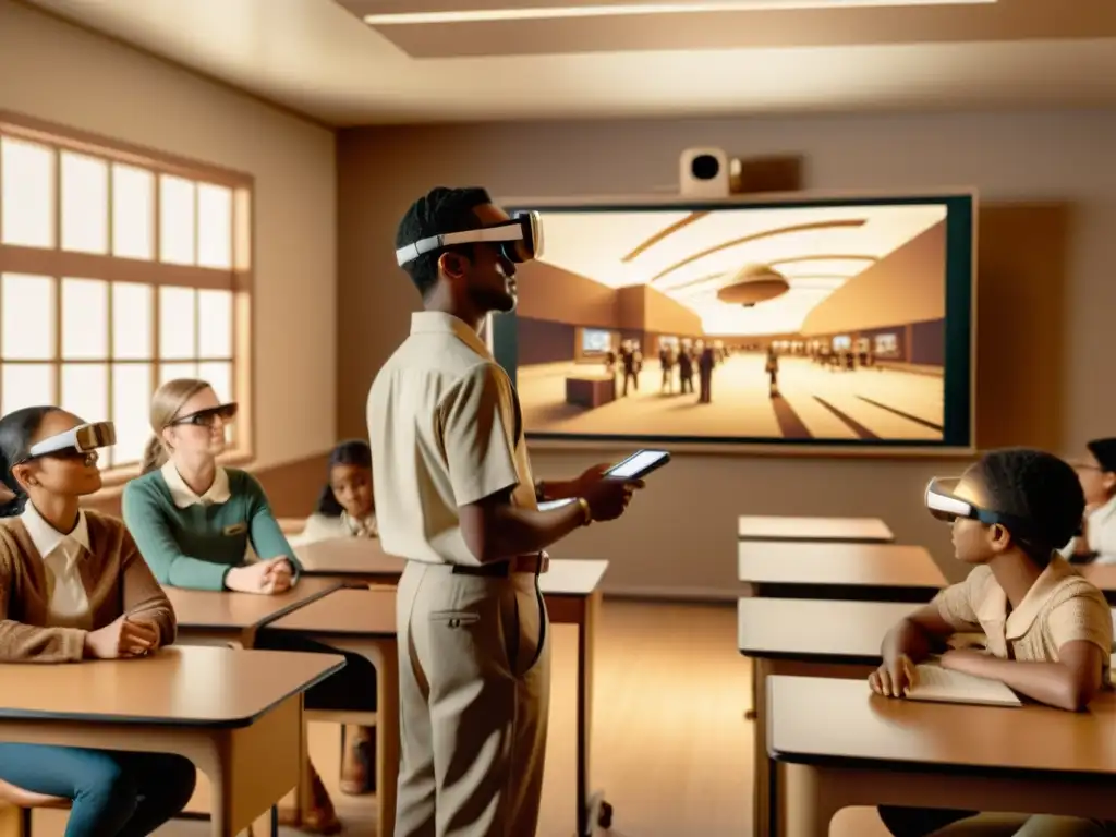 Profesor guía a estudiantes con gafas de realidad aumentada en aula vintage, creando experiencias inmersivas de educación futurista