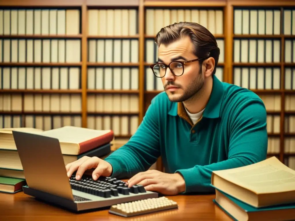 Un programador rodeado de libros y equipo vintage, enfocado en escribir código en un teclado clásico