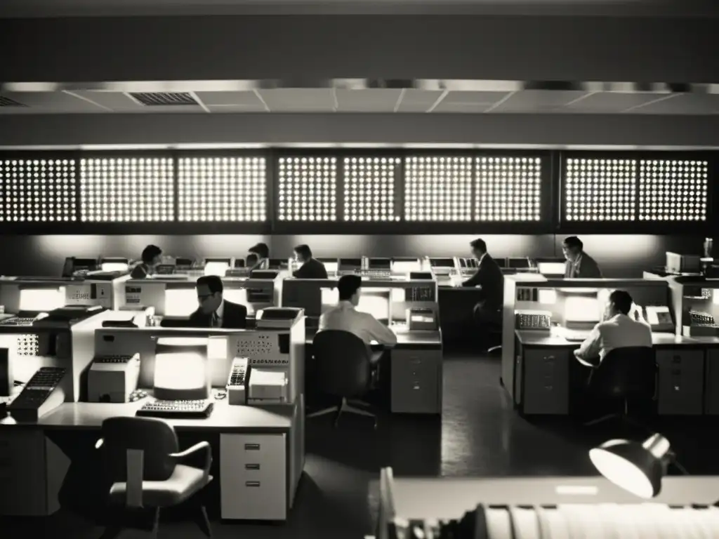 Programadores de computadoras vintage en acción Programadores de computadoras en la era vintage, inmersos en el trabajo con máquinas y tarjetas perforadas