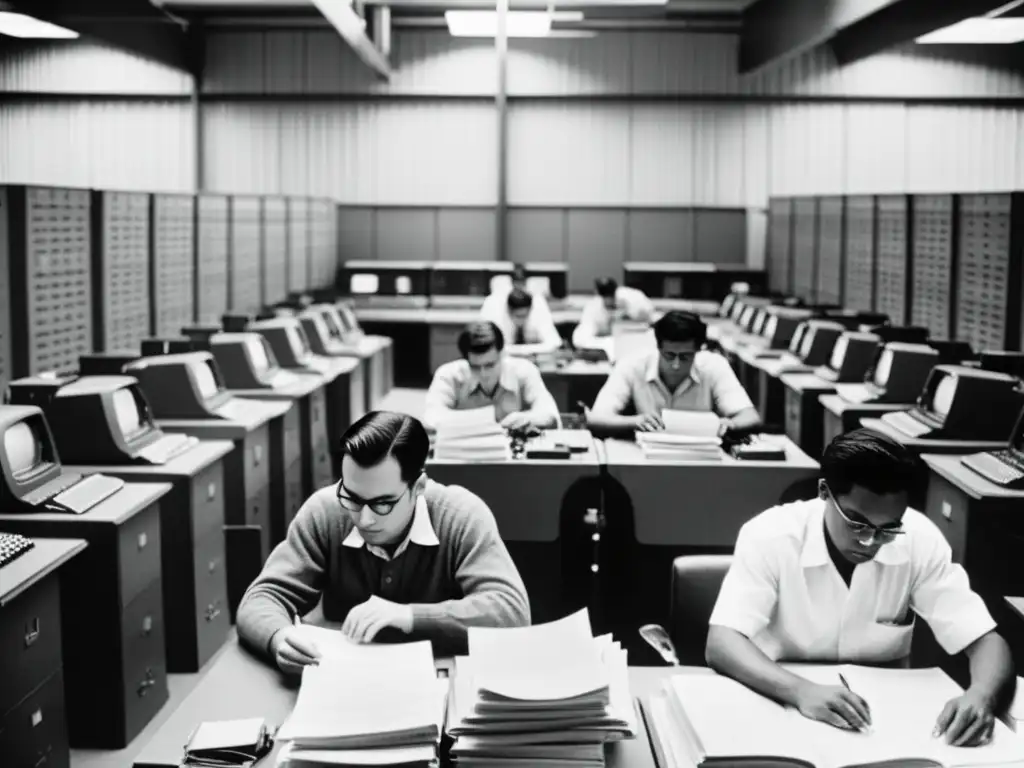 Programadores concentrados resolviendo desafíos, rodeados de manuales y papeles