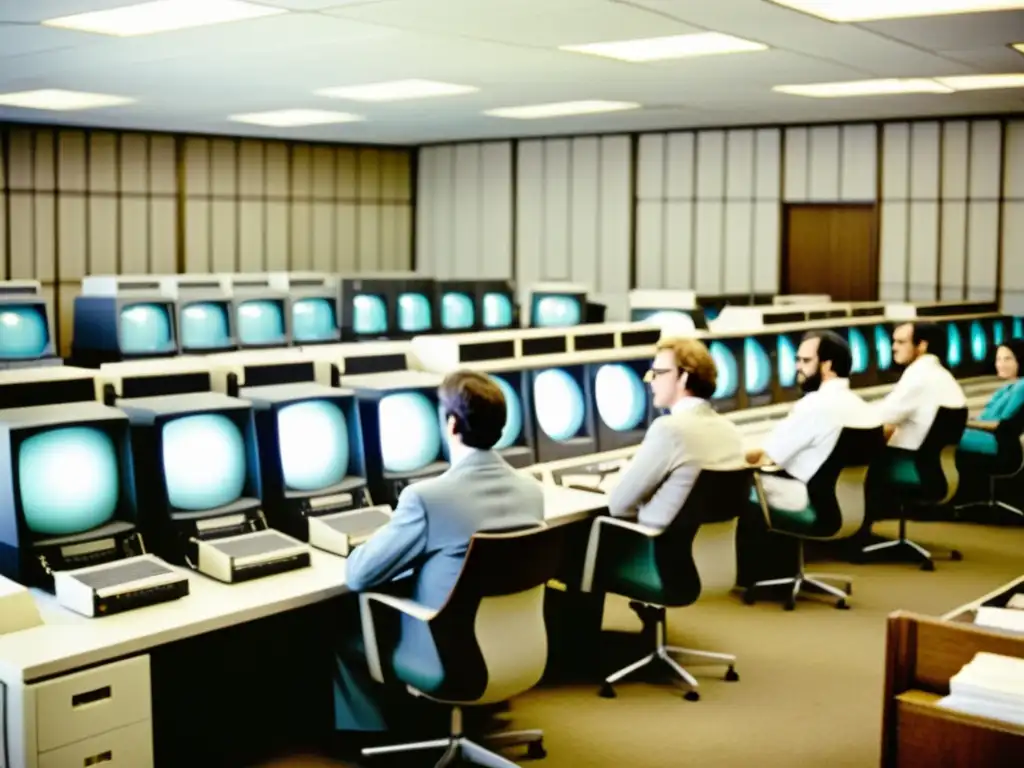 Programadores en la década de 1970 trabajando en antiguas computadoras de escritorio con monitores grandes y máquinas de tarjetas perforadas