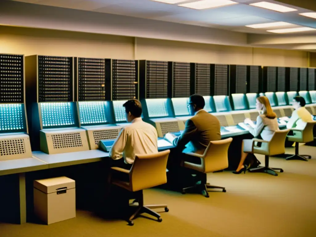 Programadores de COBOL trabajan en mainframes antiguos en una habitación tenue, rodeados de tecnología vintage