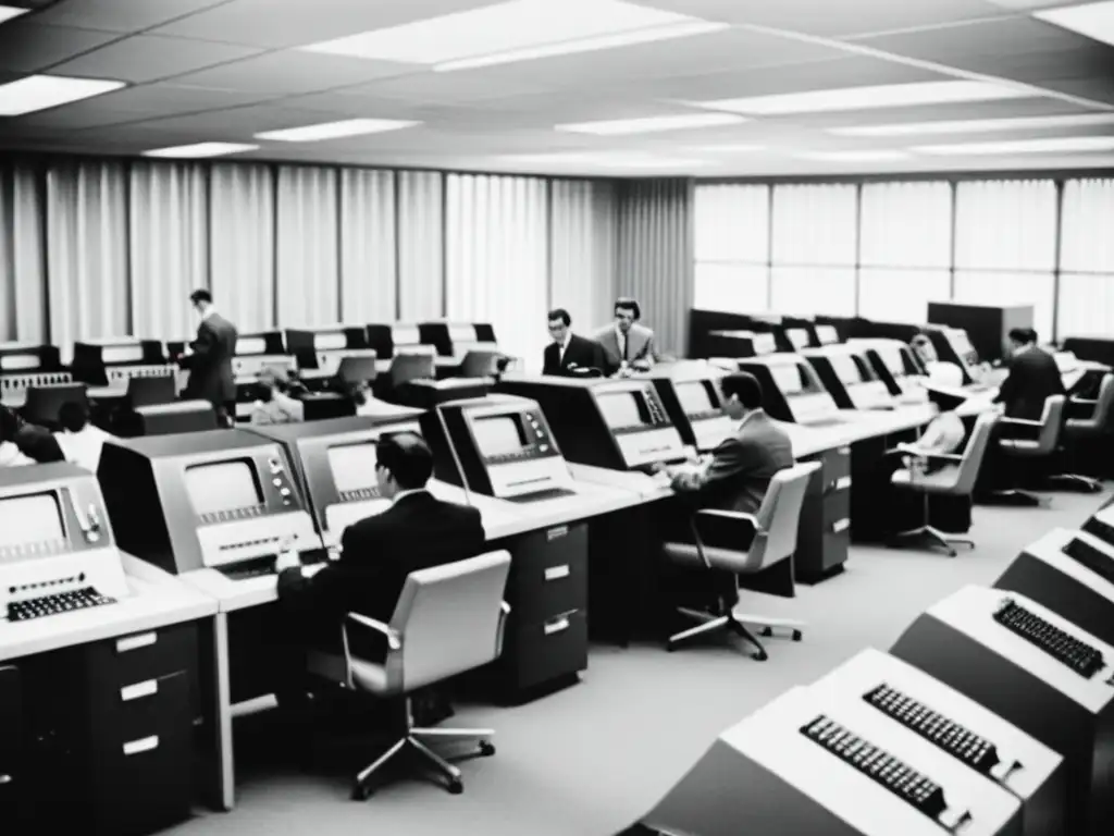 Programadores en oficina retro: era de la informática Programadores en oficina vintage de los años 60, trabajando en computadoras principales